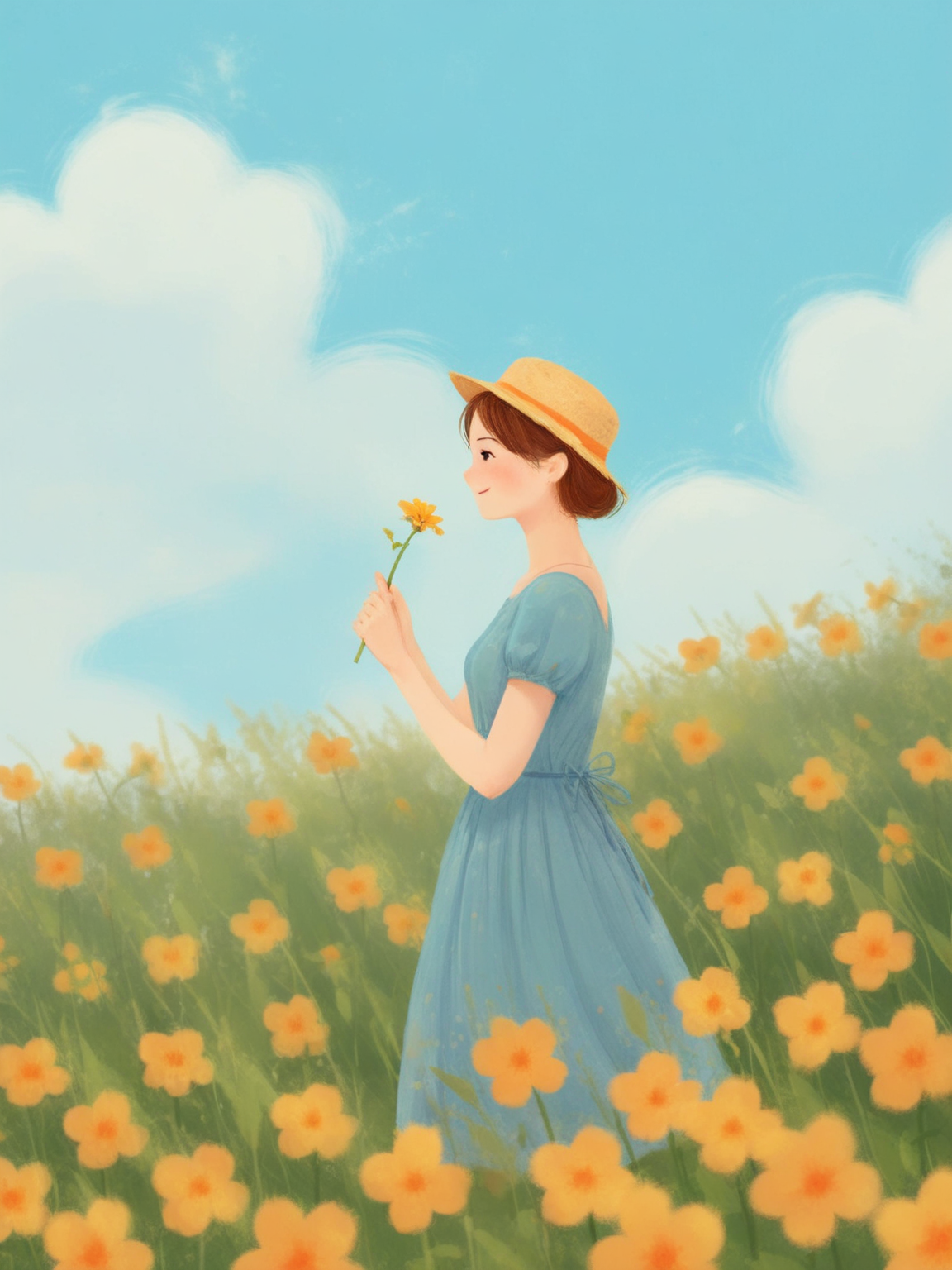 01009-339369519-_lora_chatu0516_0.7_,illustrations,1girl,flower,solo,dress,hat,holding flower,outdoors,yellow flower,sky,blue sky,brown hair,hol.png